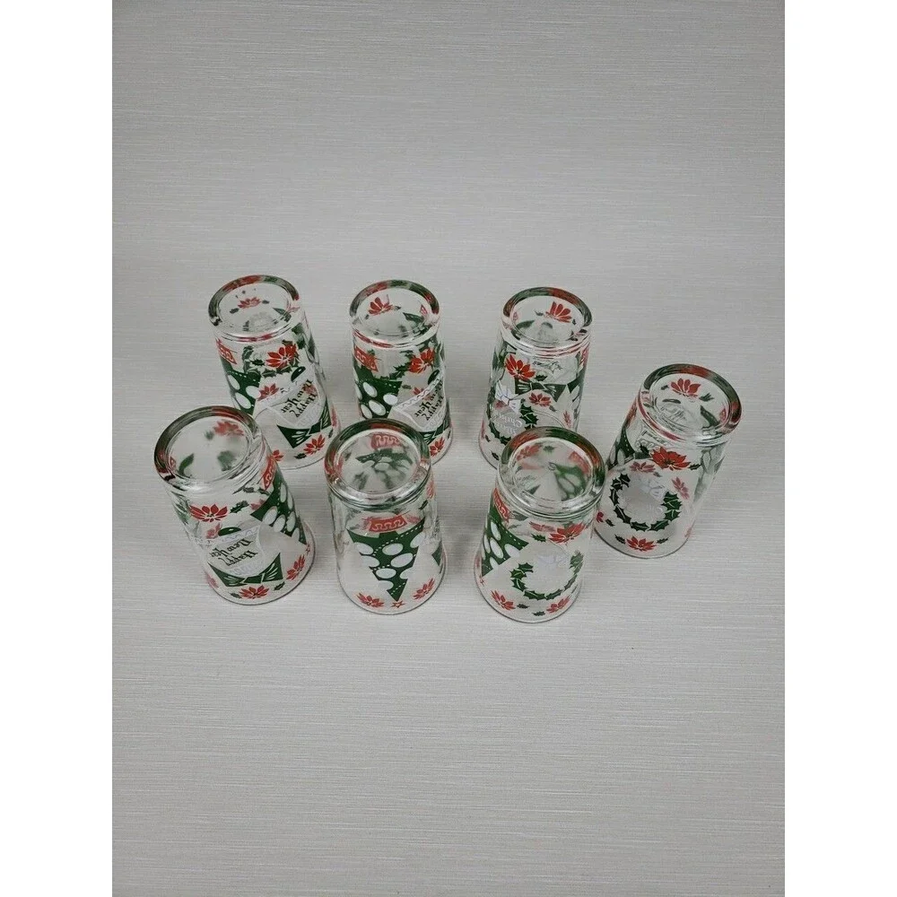 Vintage 7 Merry Christmas Happy New Year Cups Tumblers Continental Glass MCM
